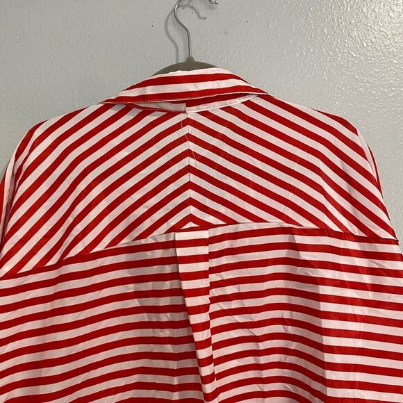 Toska Red White Striped Chiffon Button Down Blouse Sz L - Picture 8 of 11
